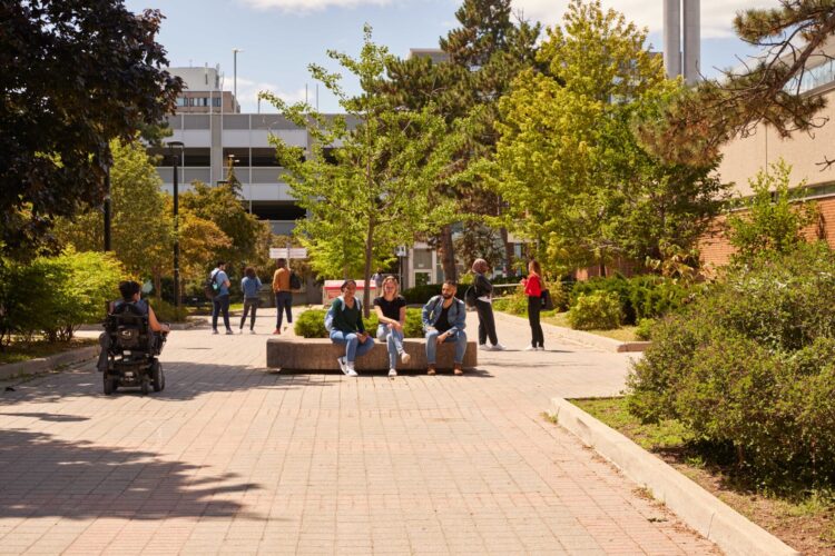 Students walking and sitting on school campus