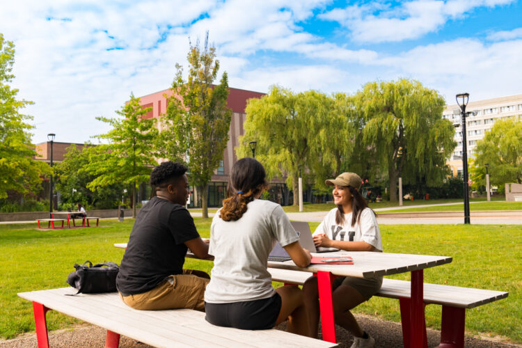 Students sitting at a picnic table on a grass field