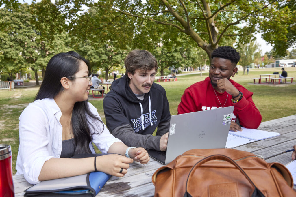 Three students sitting at a picnic table and looking at a laptop