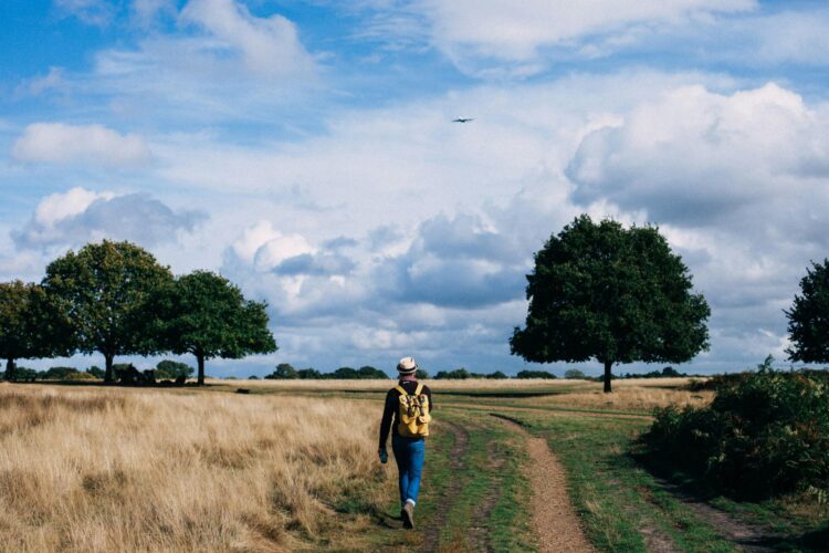 Person with backpack walking on green grass field under cloudy blue sky