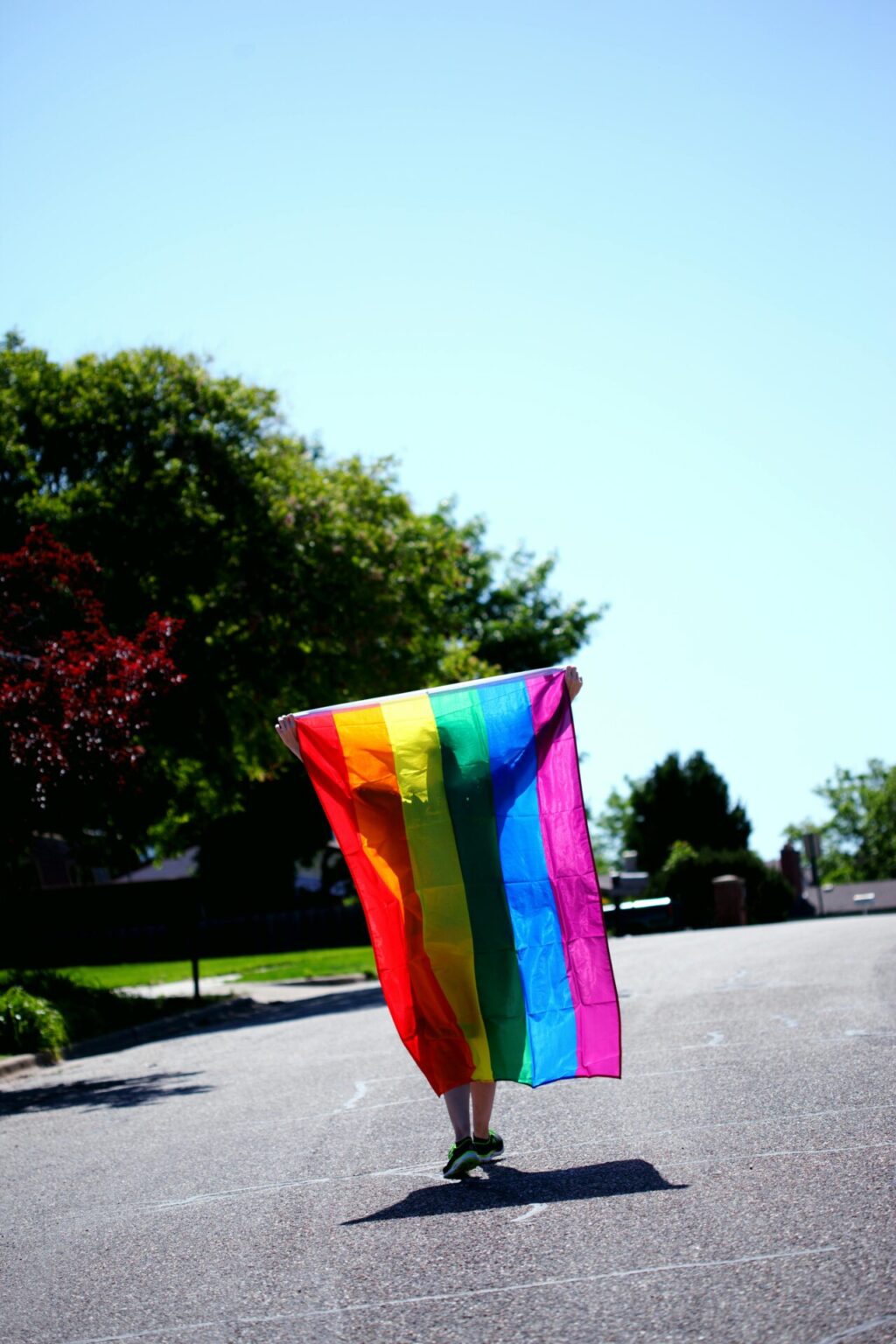 Person walking while holding rainbow coloured flag