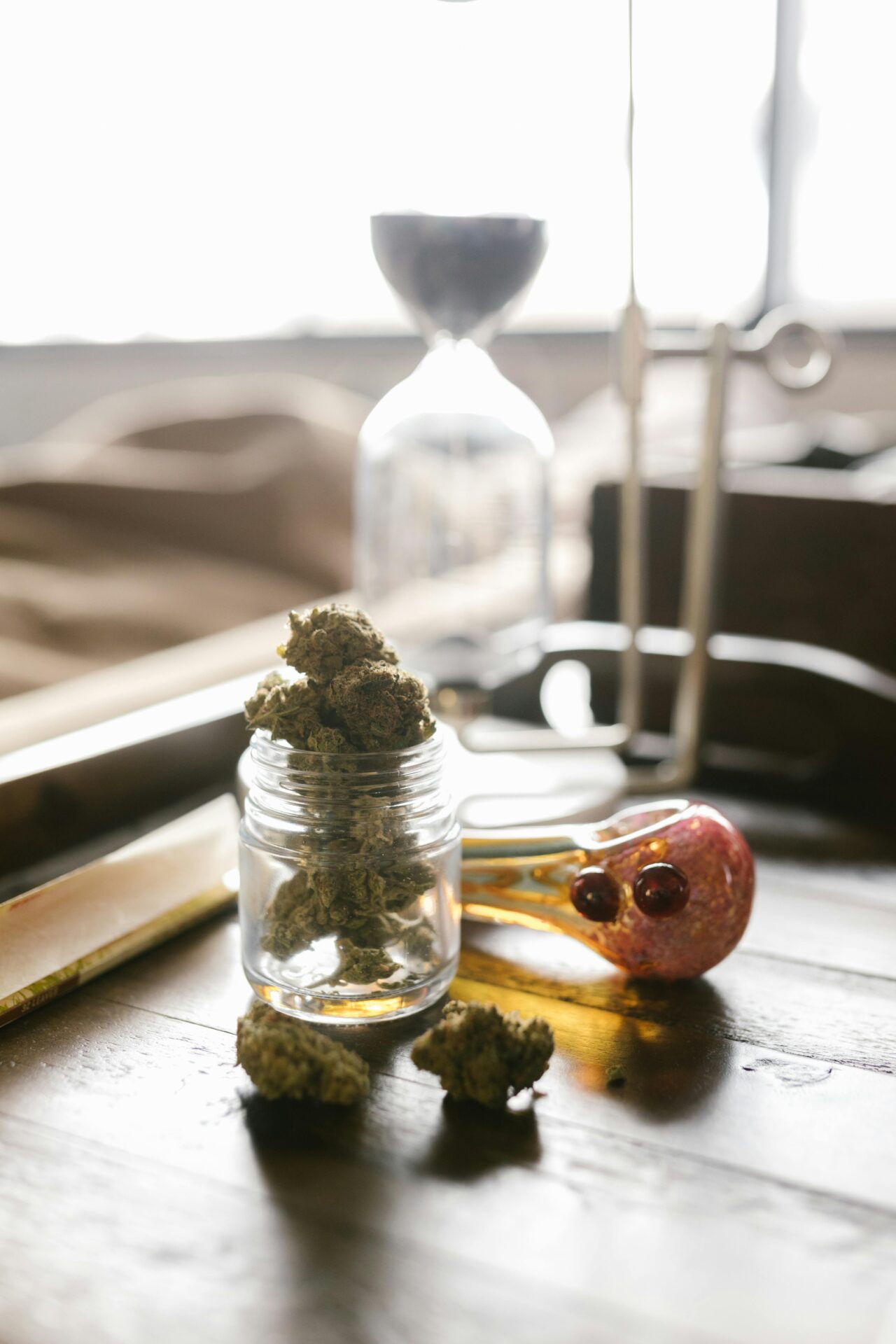 Cannabis flowers in glass container