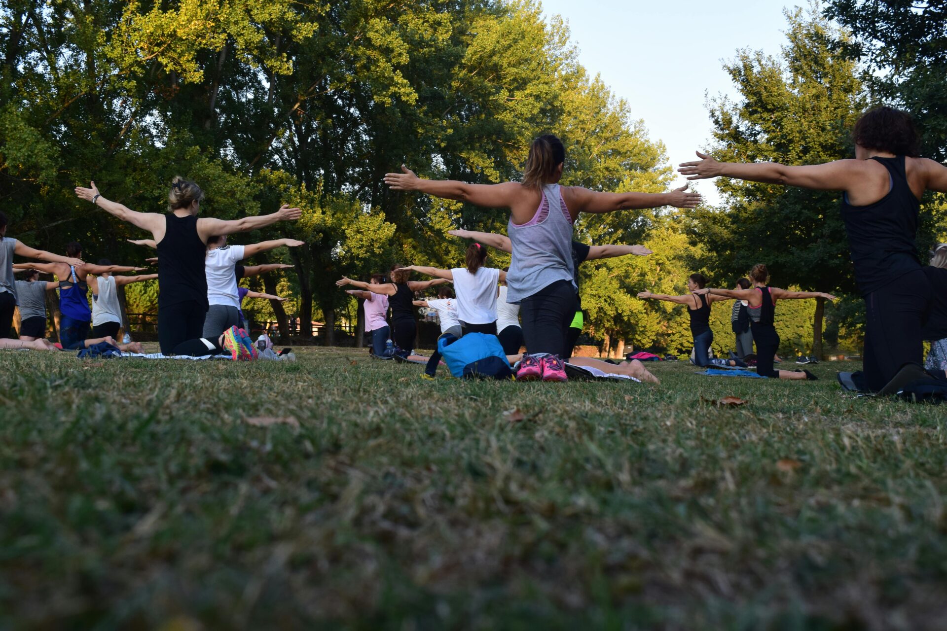 Women performing yoga on grass