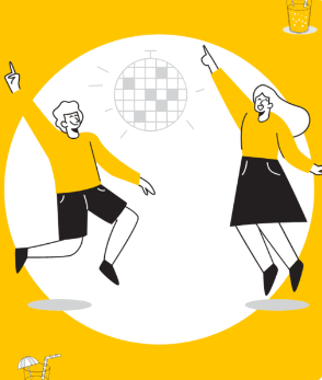 Graphic of two people dancing with disco ball.