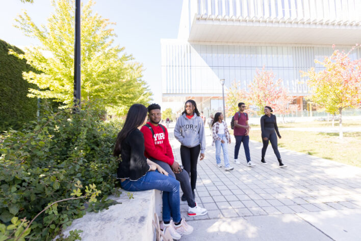 Students sitting and walking on campus