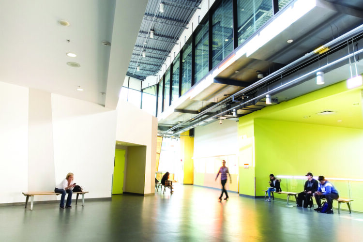 Students walking in a building