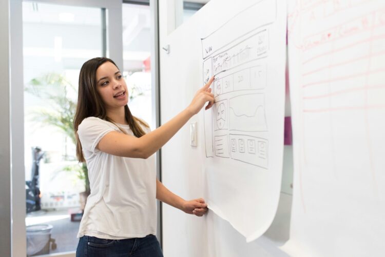 Woman pointing on white paper on the wall