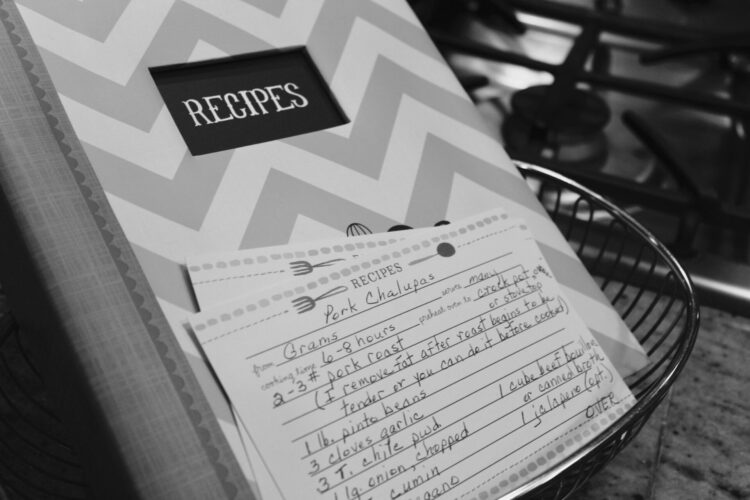 White and gray photo of recipe book