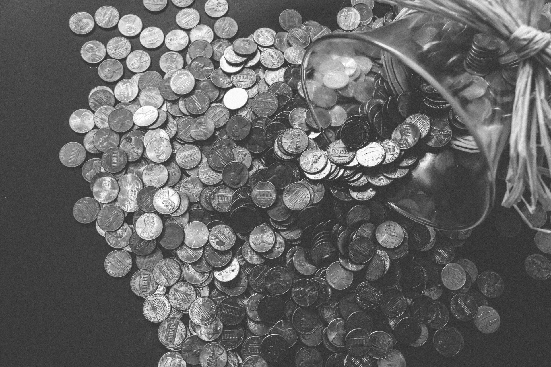 grayscale photo of coins