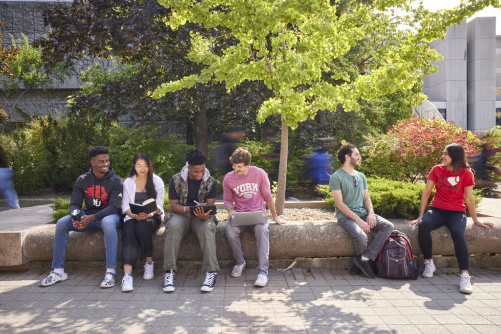 Students sitting a bench talking, others looking at their computer and books smiling