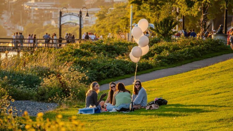 people sitting on a grassy hill with balloons