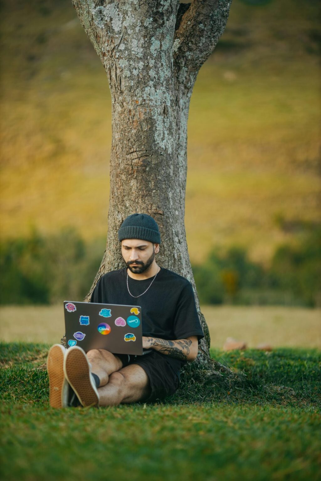Man sitting under a tree using a laptop outdoors.